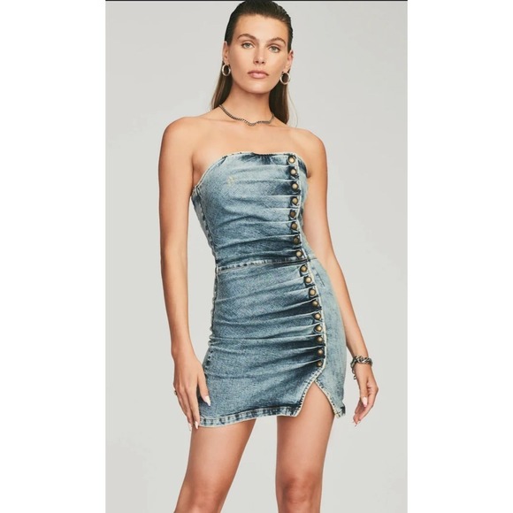 Retroféte Denim Mini Dress Strapless‎ Button Front Slit Acid Wash XL - Picture 3 of 12